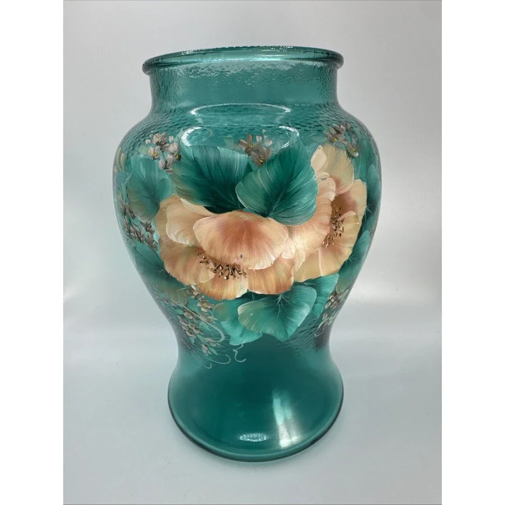 Vintage Hand Painted  Pink Floral On Teal Vase Signed Edwards 9x6.5” Cottagecore